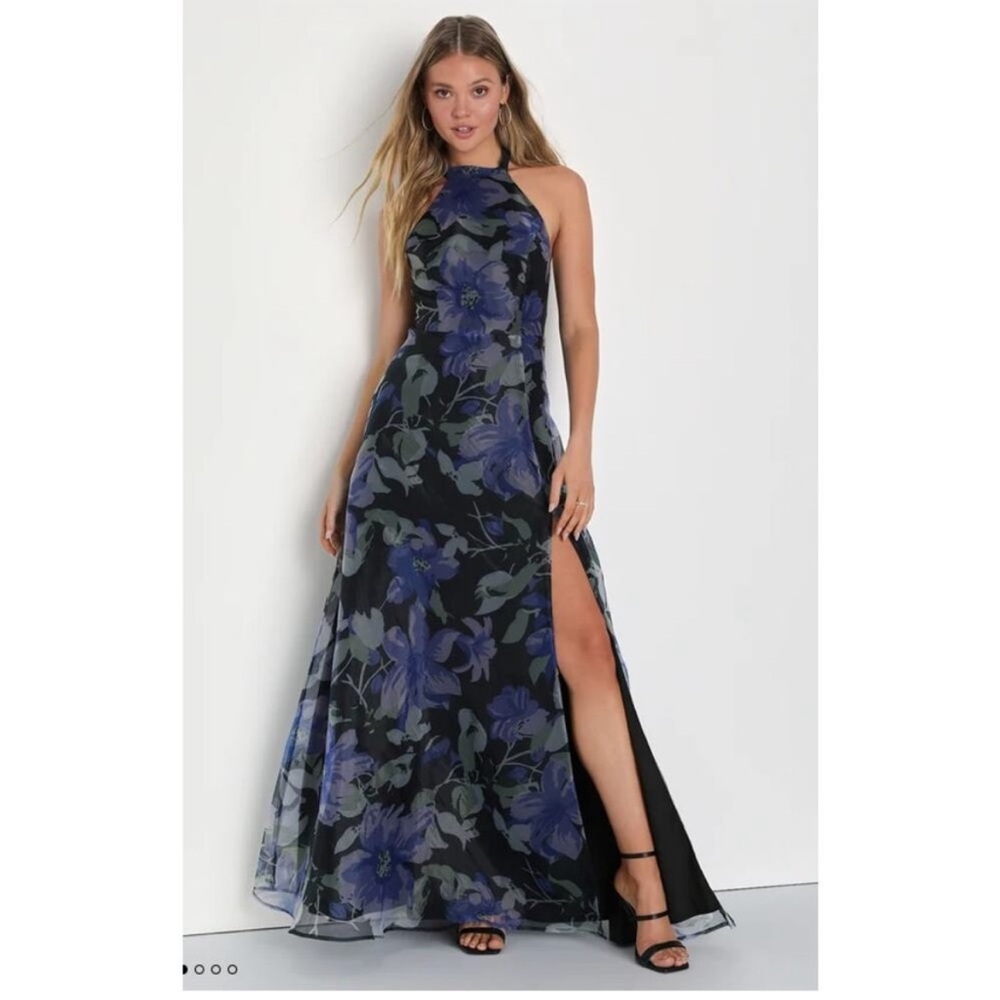 Lulus NWT Effortless Drama Black Floral Organza Halter Cutout Maxi Dress